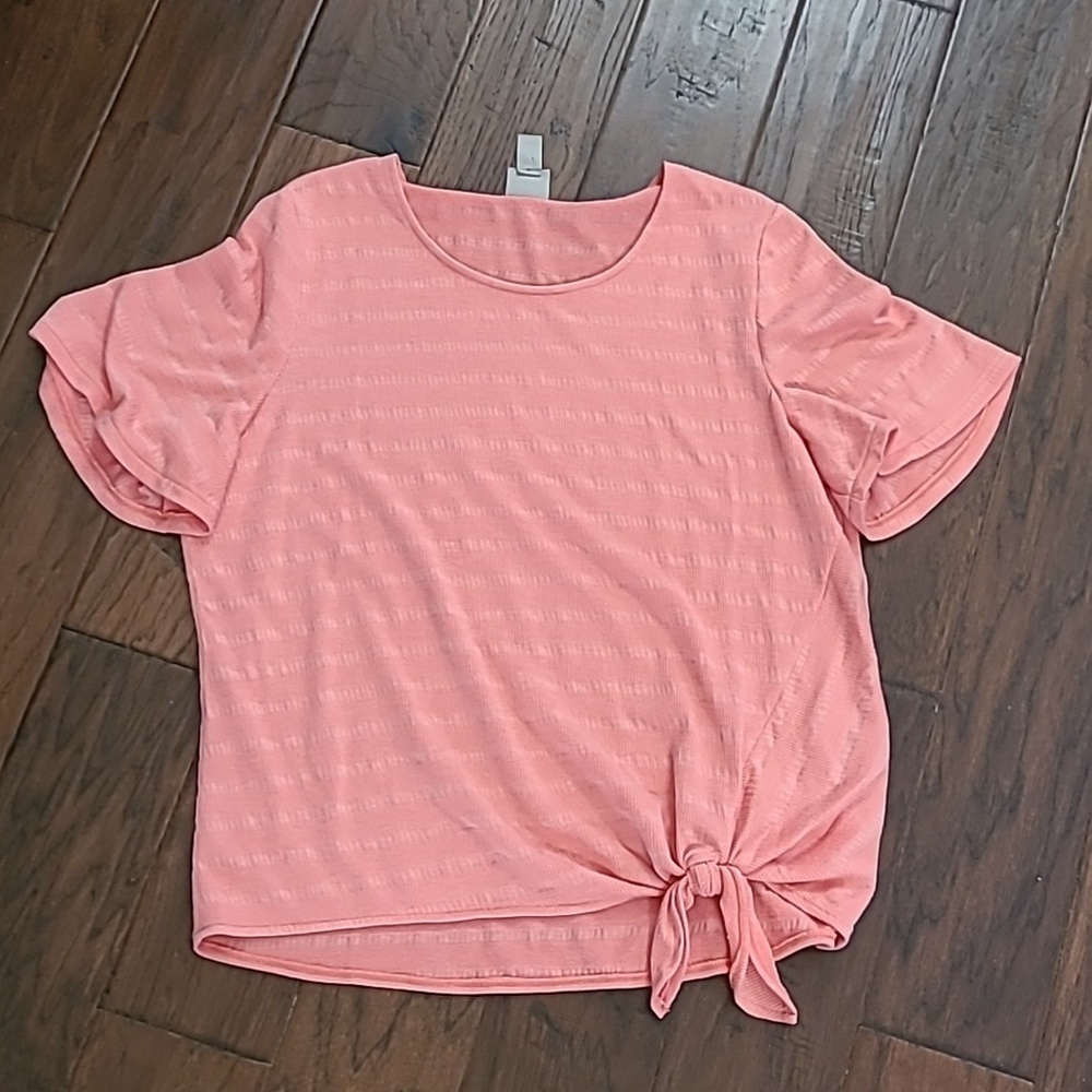 Chico's Coral Ribbed Striped Tie-Front Top size 2 (Large)